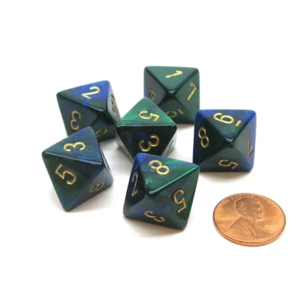 Gemini 15mm 8 Sided D8 Chessex Dice, 6 Pieces - Blue-Green with Gold - Your Source for Gaming Essentials Outlet