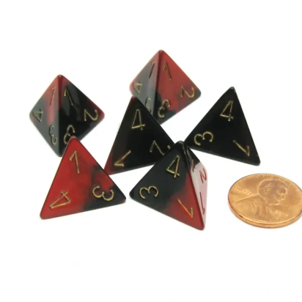Gemini 18mm 4 Sided D4 Chessex Dice, 6 Pieces - Black-Red with Gold - Your Source for Gaming Essentials Cheap