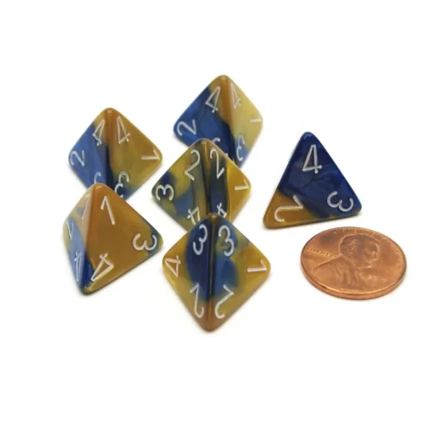 Gemini 18mm 4 Sided D4 Chessex Dice, 6 Pieces - Blue-Gold with White - Your Source for Gaming Essentials Cheap