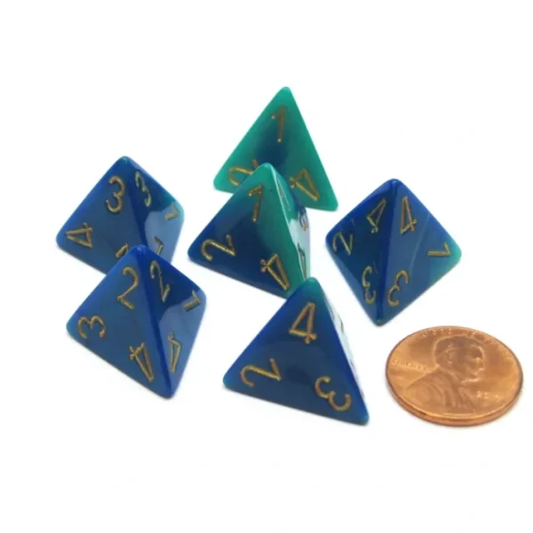 Gemini 18mm 4 Sided D4 Chessex Dice, 6 Pieces - Blue-Teal with Gold - Your Source for Gaming Essentials Store