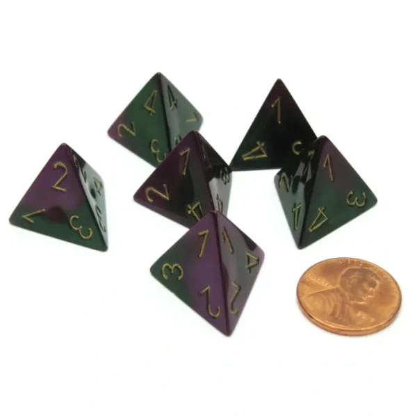Gemini 18mm 4 Sided D4 Chessex Dice, 6 Pieces - Green-Purple with Gold - Your Source for Gaming Essentials Sale