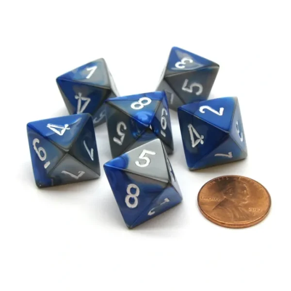 Gemini 15mm 8 Sided D8 Chessex Dice, 6 Pieces - Blue-Steel with White - Your Source for Gaming Essentials Cheap