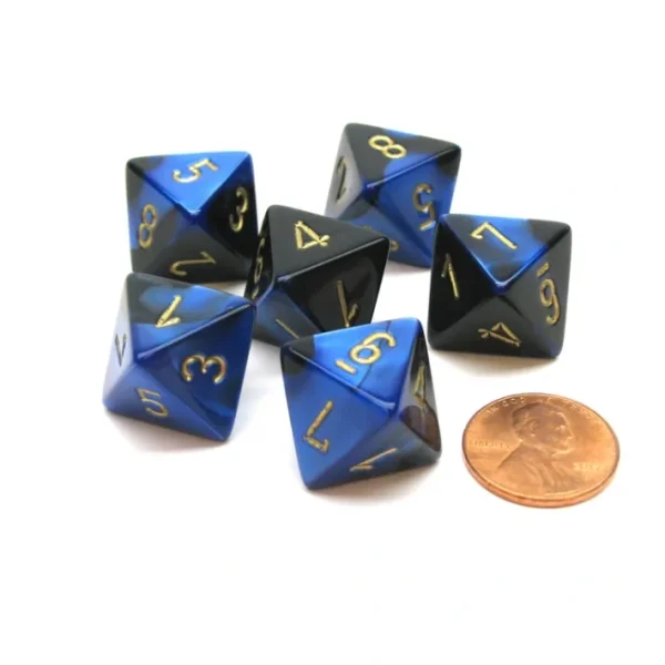 Gemini 15mm 8 Sided D8 Chessex Dice, 6 Pieces - Black-Blue with Gold - Your Source for Gaming Essentials Cheap