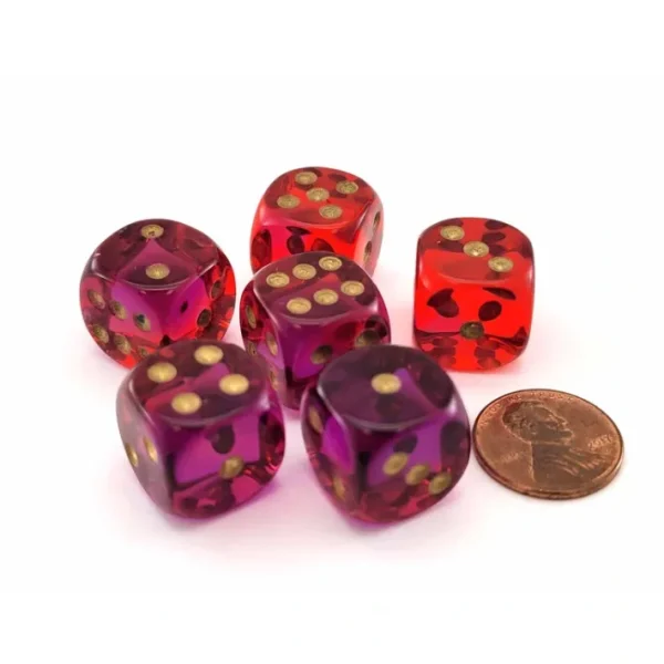Gemini 16mm 6 Sided D6 Dice, 6 Pieces - Translucent Red-Violet with Gold Numbers - Your Source for Gaming Essentials Best