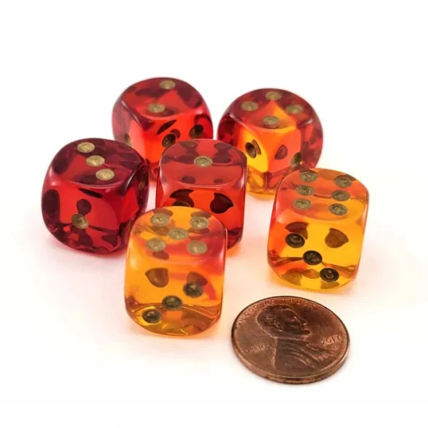 Gemini 16mm 6 Sided D6 Dice, 6 Pieces - Translucent Red-Yellow with Gold Numbers - Your Source for Gaming Essentials Hot