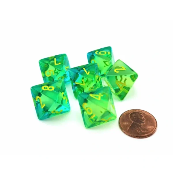 Gemini 15mm 8 Sided D8 Dice, 6 Pieces - Translucent Green-Teal with Yellow - Your Source for Gaming Essentials Hot