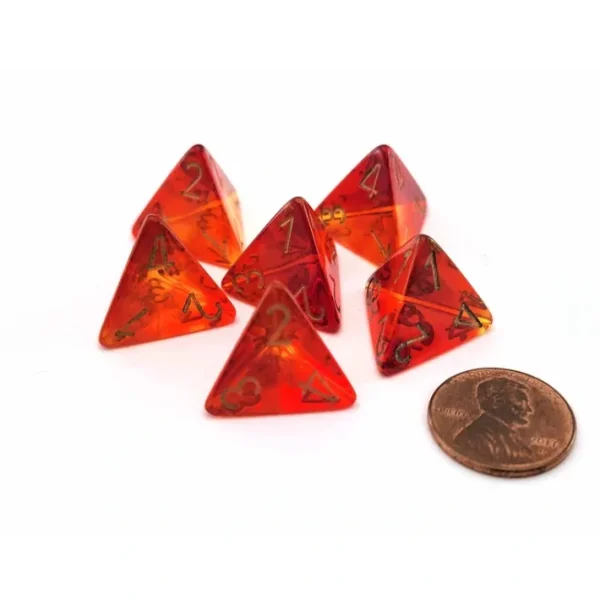 Gemini 18mm 4 Sided D4 Dice, 6 Pieces - Translucent Red-Yellow with Gold - Your Source for Gaming Essentials Outlet