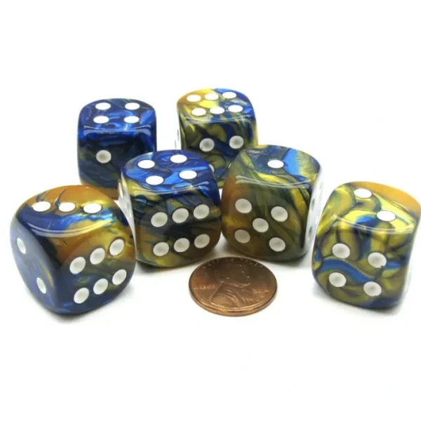 Gemini 20mm Big D6 Chessex Dice, 6 Pieces - Blue-Gold with White Pips - Your Source for Gaming Essentials Fashion