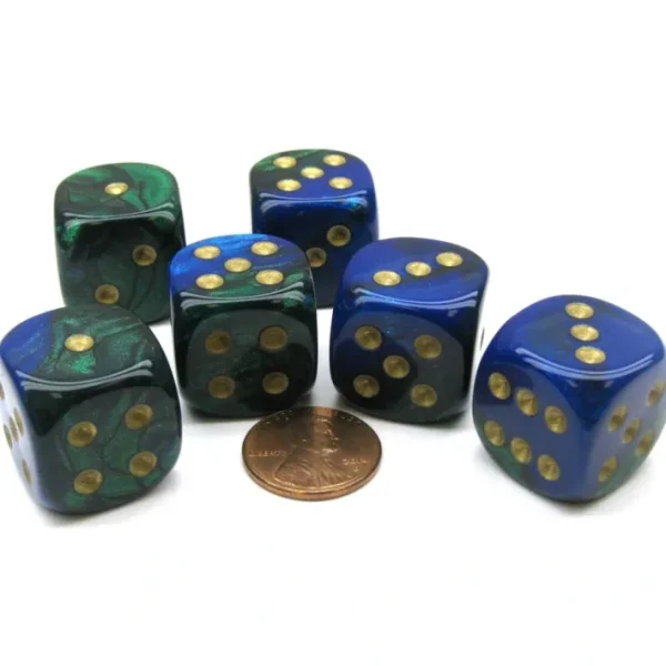 Gemini 20mm Big D6 Chessex Dice, 6 Pieces - Blue-Green with Gold Pips - Your Source for Gaming Essentials Clearance