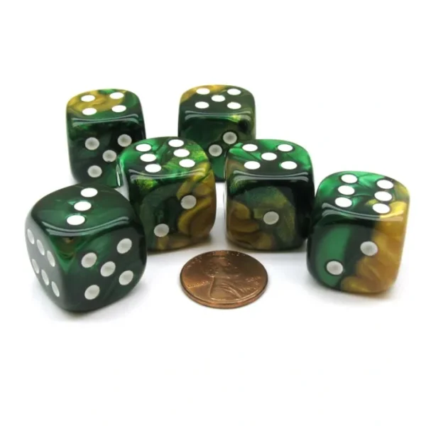 Gemini 20mm Big D6 Chessex Dice, 6 Pieces - Gold-Green with White Pips - Your Source for Gaming Essentials Outlet