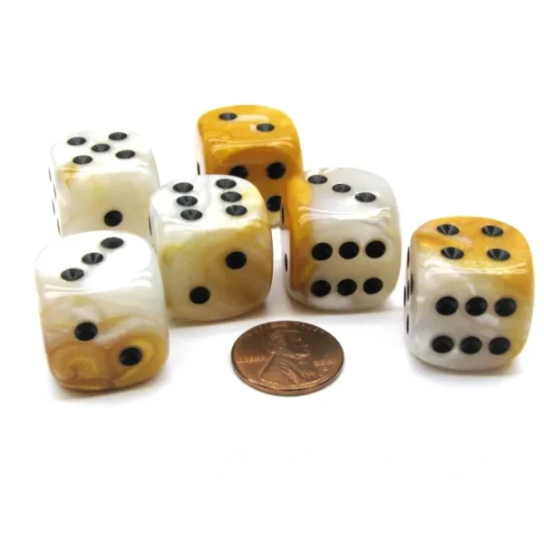 Gemini 20mm Big D6 Chessex Dice, 6 Pieces - Gold-White with Black Pips - Your Source for Gaming Essentials New