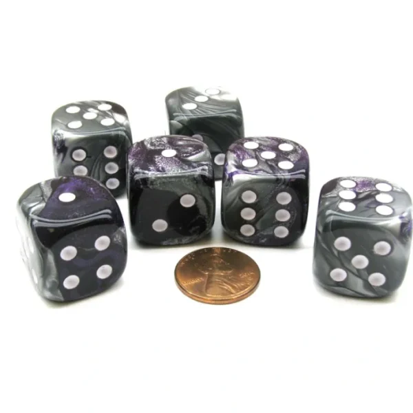 Gemini 20mm Big D6 Chessex Dice, 6 Pieces - Purple-Steel with White Pips - Your Source for Gaming Essentials New