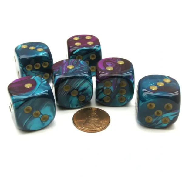 Gemini 20mm Big D6 Chessex Dice, 6 Pieces - Purple-Teal with Gold Pips - Your Source for Gaming Essentials Clearance