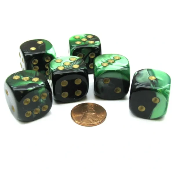 Gemini 20mm Big D6 Chessex Dice, 6 Pieces - Black-Green with Gold Pips - Your Source for Gaming Essentials Store