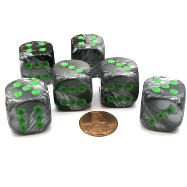 Gemini 20mm Big D6 Chessex Dice, 6 Pieces - Black-Grey with Green Pips - Your Source for Gaming Essentials Best