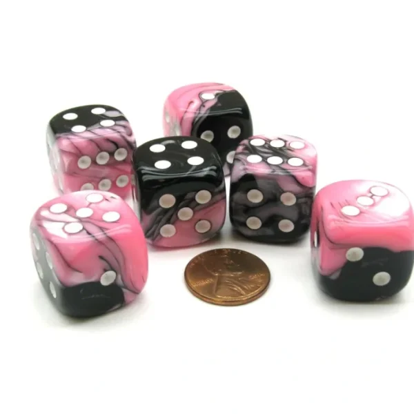 Gemini 20mm Big D6 Chessex Dice, 6 Pieces - Black-Pink with White Pips - Your Source for Gaming Essentials Clearance