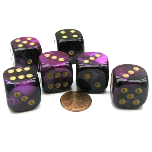 Gemini 20mm Big D6 Chessex Dice, 6 Pieces - Black-Purple with Gold Pips - Your Source for Gaming Essentials Hot