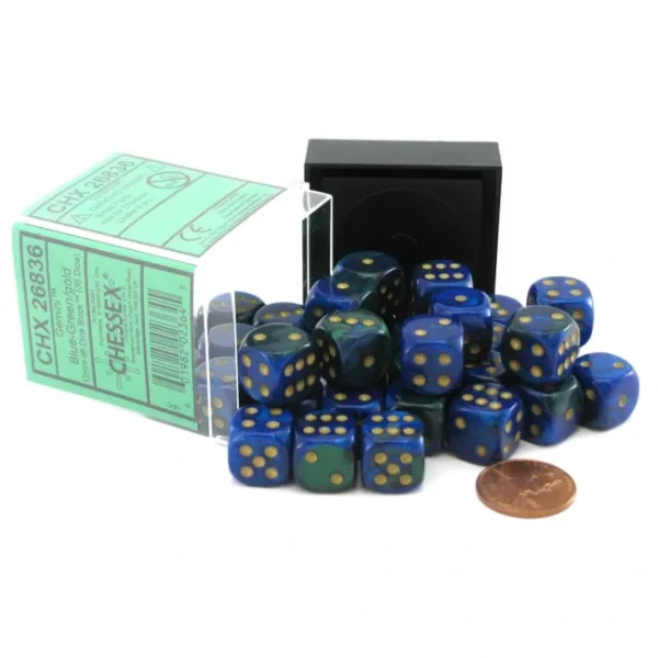 Gemini 12mm D6 Chessex Dice Block (36 Dice) - Blue-Green with Gold Pips - Your Source for Gaming Essentials Fashion