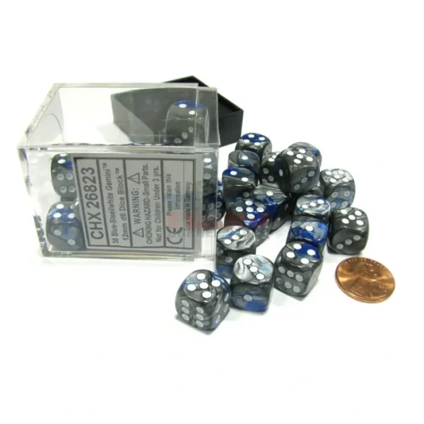 Gemini 12mm D6 Chessex Dice Block (36 Dice) - Blue-Steel with White Pips - Your Source for Gaming Essentials Clearance