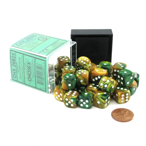Gemini 12mm D6 Chessex Dice Block (36 Dice) - Gold-Green with White Pips - Your Source for Gaming Essentials Clearance