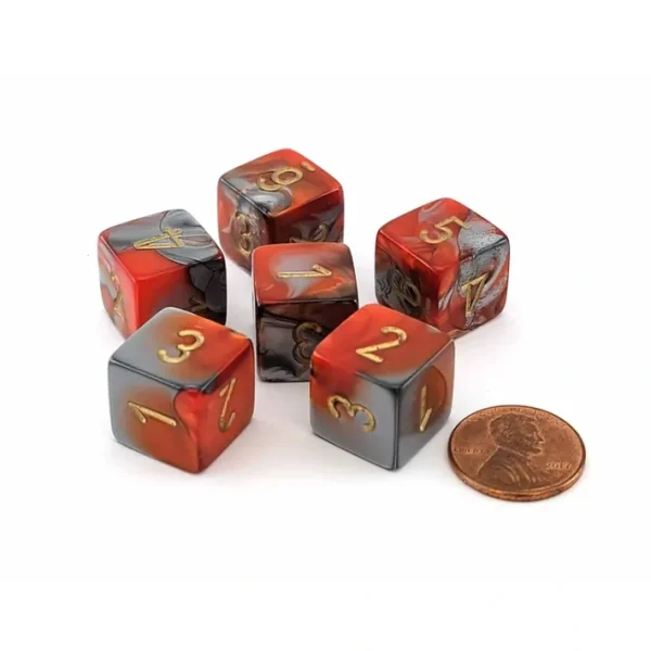 Gemini 15mm D6 Chessex Dice, 6 Pieces - Orange-Steel with Gold Numbers - Your Source for Gaming Essentials Discount