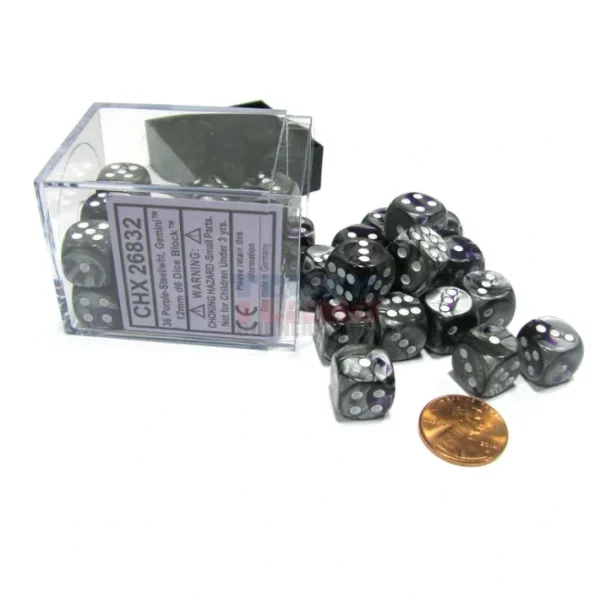 Gemini 12mm D6 Chessex Dice Block (36 Dice) - Purple-Steel with White Pips - Your Source for Gaming Essentials Best