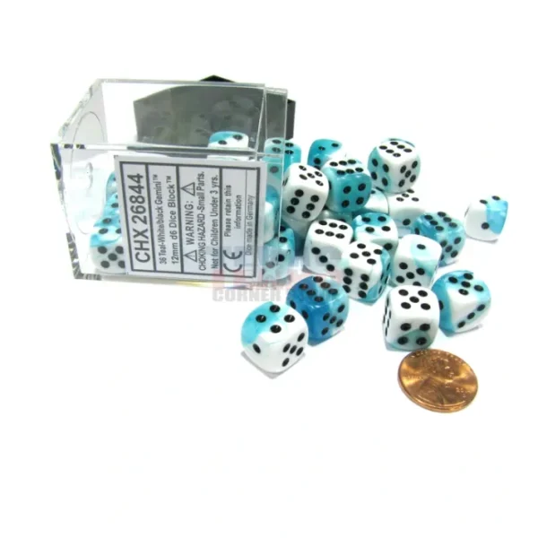 Gemini 12mm D6 Chessex Dice Block (36 Dice) - Teal-White Pips with Black Pips - Your Source for Gaming Essentials Shop