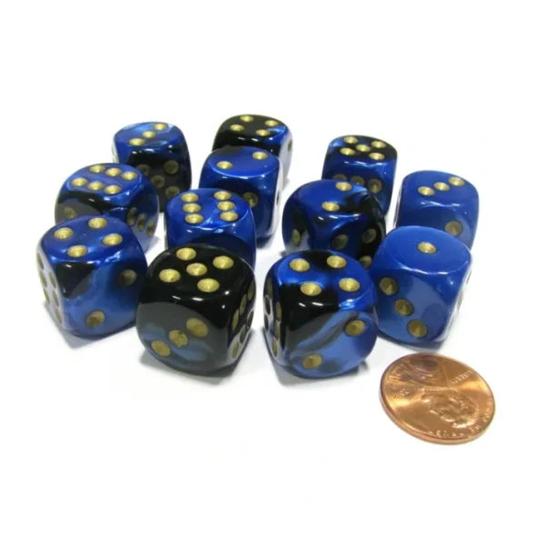 Gemini 16mm D6 Chessex Dice Block (12 Dice) - Black-Blue with Gold Pips - Your Source for Gaming Essentials Clearance