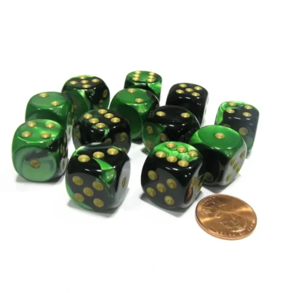 Gemini 16mm D6 Chessex Dice Block (12 Dice) - Black-Green with Gold Pips - Your Source for Gaming Essentials Cheap