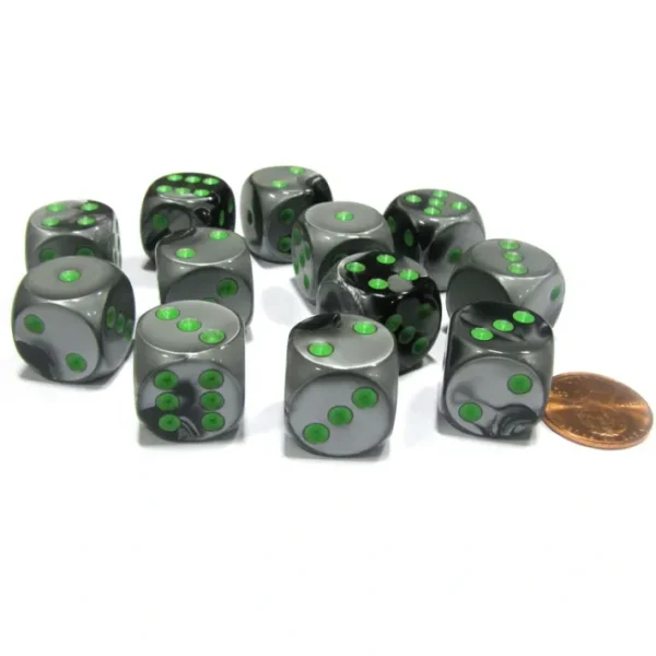 Gemini 16mm D6 Chessex Dice Block (12 Dice) - Black-Grey with Green Pips - Your Source for Gaming Essentials Fashion