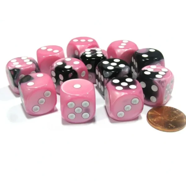 Gemini 16mm D6 Chessex Dice Block (12 Dice) - Black-Pink with White Pips - Your Source for Gaming Essentials New