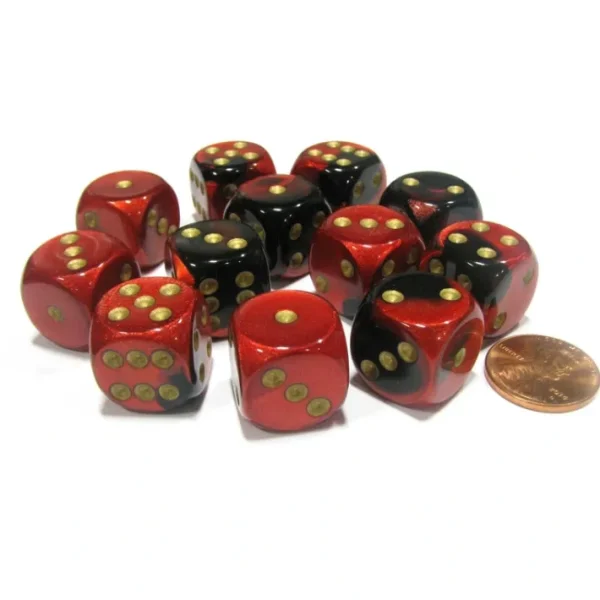 Gemini 16mm D6 Chessex Dice Block (12 Dice) - Black-Red with Gold Pips - Your Source for Gaming Essentials Clearance