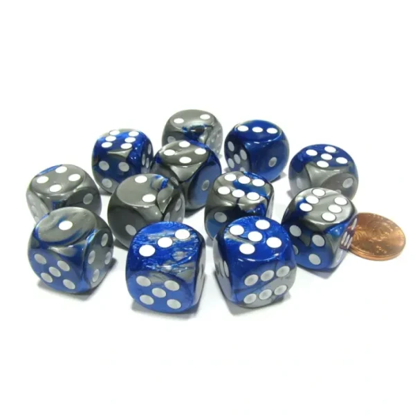 Gemini 16mm D6 Chessex Dice Block (12 Dice) - Blue-Steel with White Pips - Your Source for Gaming Essentials Outlet