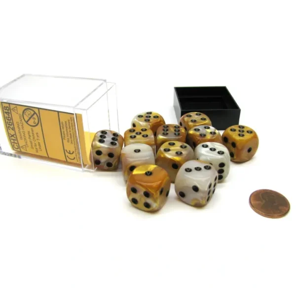 Gemini 16mm D6 Chessex Dice Block (12 Dice) - Gold-White with Black Pips - Your Source for Gaming Essentials Online