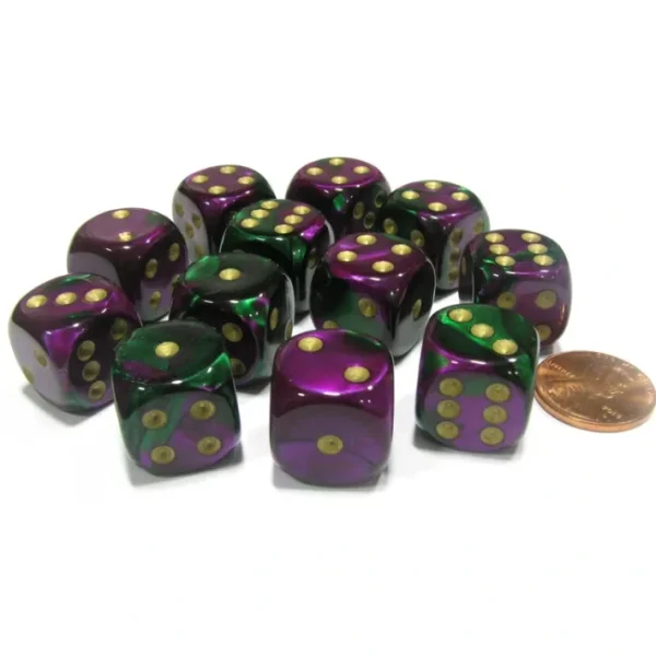 Gemini 16mm D6 Chessex Dice Block (12 Dice) - Green-Purple with Gold Pips - Your Source for Gaming Essentials New