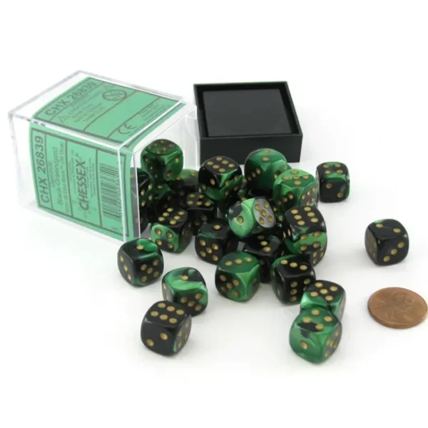 Gemini 12mm D6 Chessex Dice Block (36 Dice) - Black-Green with Gold Pips - Your Source for Gaming Essentials Online