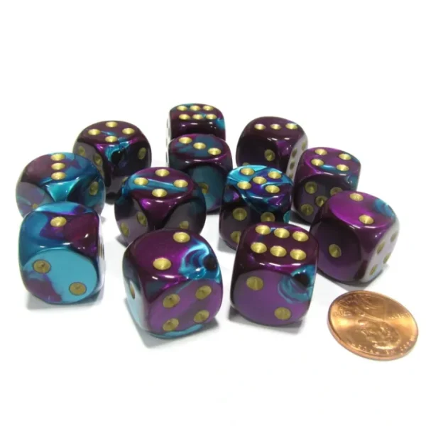Gemini 16mm D6 Chessex Dice Block (12 Dice) - Purple-Teal with Gold Pips - Your Source for Gaming Essentials Sale
