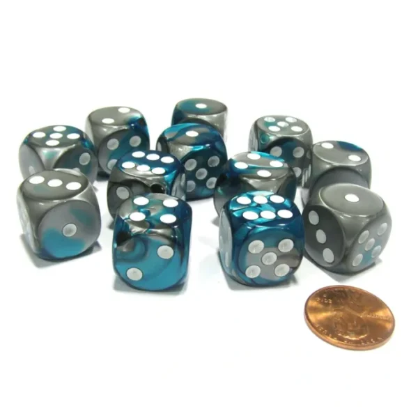Gemini 16mm D6 Chessex Dice Block (12 Dice) - Steel-Teal with White Pips - Your Source for Gaming Essentials Discount