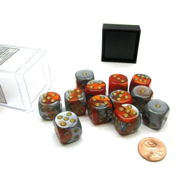 Gemini 16mm D6 Chessex Dice Block (12 Die) - Orange-Steel with Gold Pips - Your Source for Gaming Essentials Flash Sale