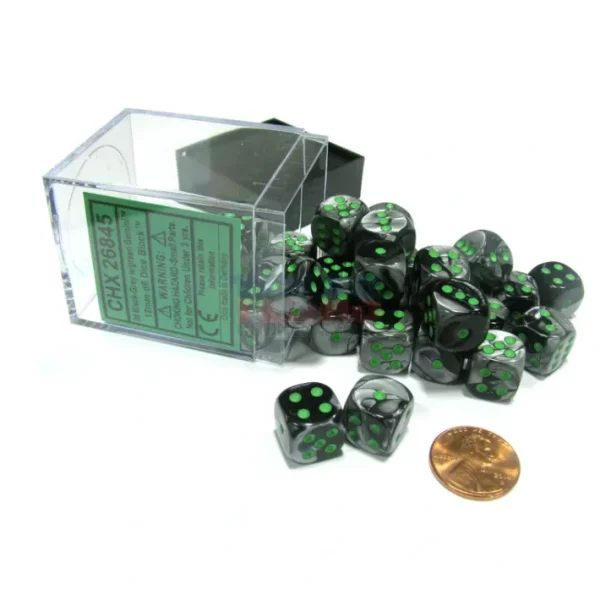 Gemini 12mm D6 Chessex Dice Block (36 Dice) - Black-Grey with Green - Your Source for Gaming Essentials Best Sale