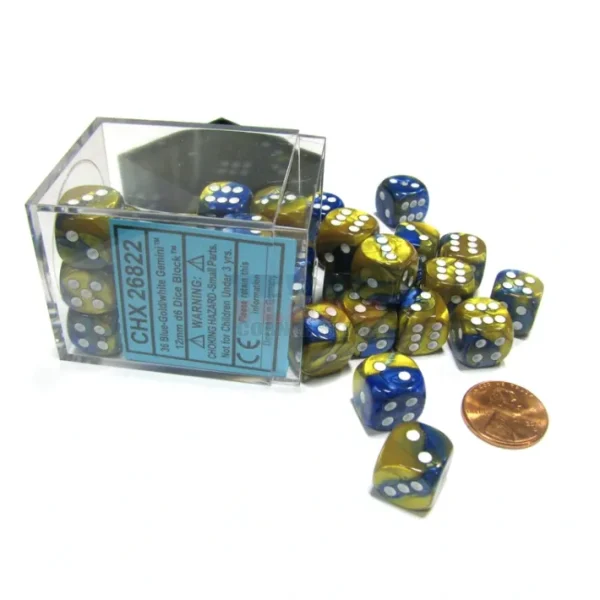Gemini 12mm D6 Chessex Dice Block (36 Dice) - Blue-Gold with White Pips - Your Source for Gaming Essentials New