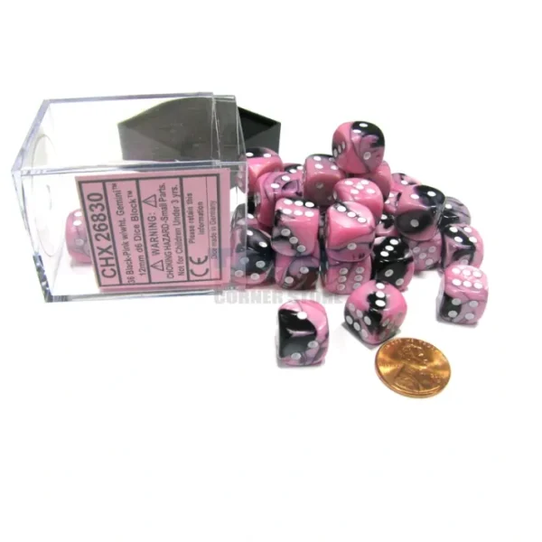 Gemini 12mm D6 Chessex Dice Block (36 Dice) - Black-Pink with White Pips - Your Source for Gaming Essentials Flash Sale