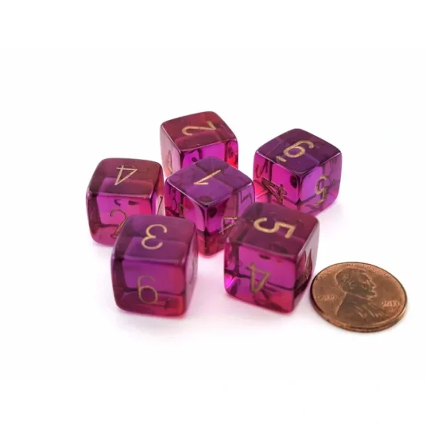 Gemini 15mm D6 Dice, 6 Pieces - Translucent Red-Violet with Gold Numbers - Your Source for Gaming Essentials Flash Sale