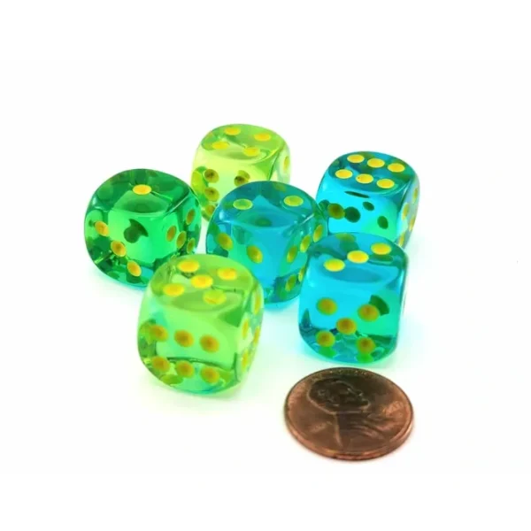 Gemini 16mm D6 Dice, 6 Pieces - Translucent Green-Teal with Yellow Numbers - Your Source for Gaming Essentials Cheap
