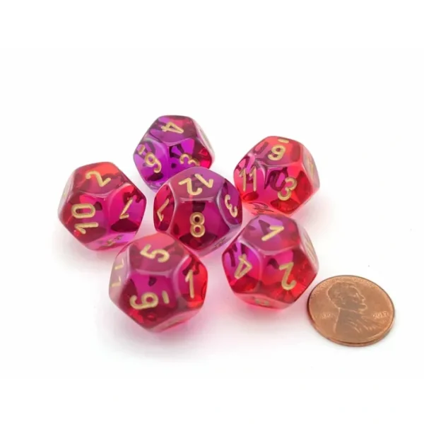 Gemini 18mm D12 Dice, 6 Pieces - Translucent Red-Violet with Gold Numbers - Your Source for Gaming Essentials Clearance