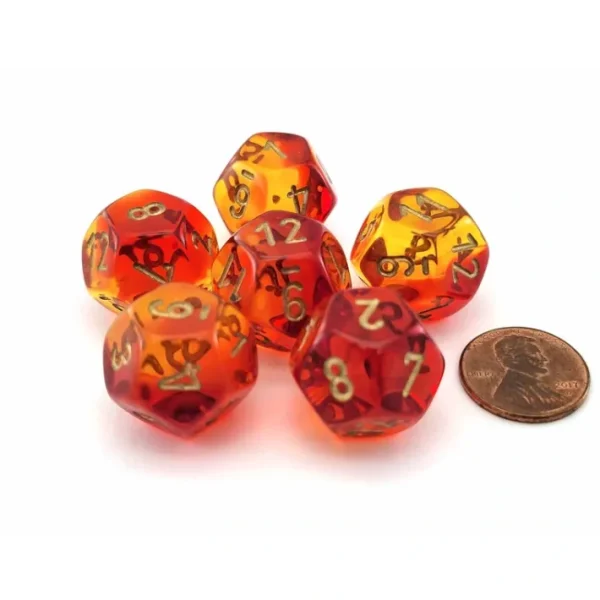 Gemini 18mm D12 Dice, 6 Pieces - Translucent Red-Yellow with Gold Numbers - Your Source for Gaming Essentials Clearance