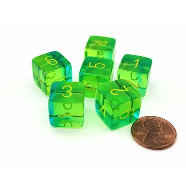 Gemini 15mm D6 Dice, 6 Pieces - Translucent Green-Teal with Yellow Numbers - Your Source for Gaming Essentials Cheap