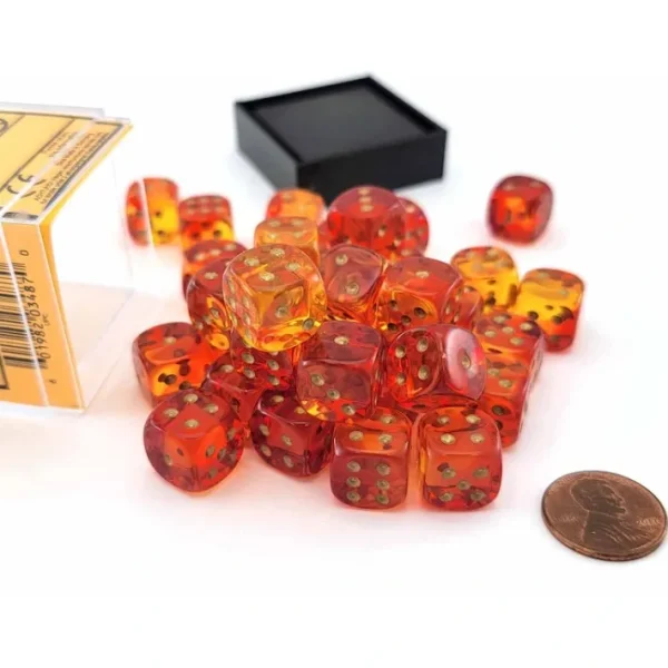 Gemini 12mm D6 Dice Block (36 Dice) - Translucent Red-Yellow with Gold Numbers - Your Source for Gaming Essentials Flash Sale