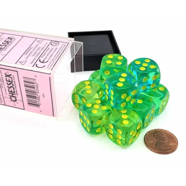 Gemini 16mm D6 Dice Block (12 Dice) - Translucent Green-Teal with Yellow Numbers - Your Source for Gaming Essentials Store