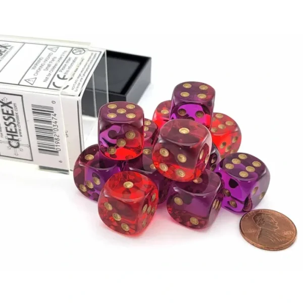 Gemini 16mm D6 Dice Block (12 Dice) - Translucent Red-Violet with Gold Numbers - Your Source for Gaming Essentials Clearance
